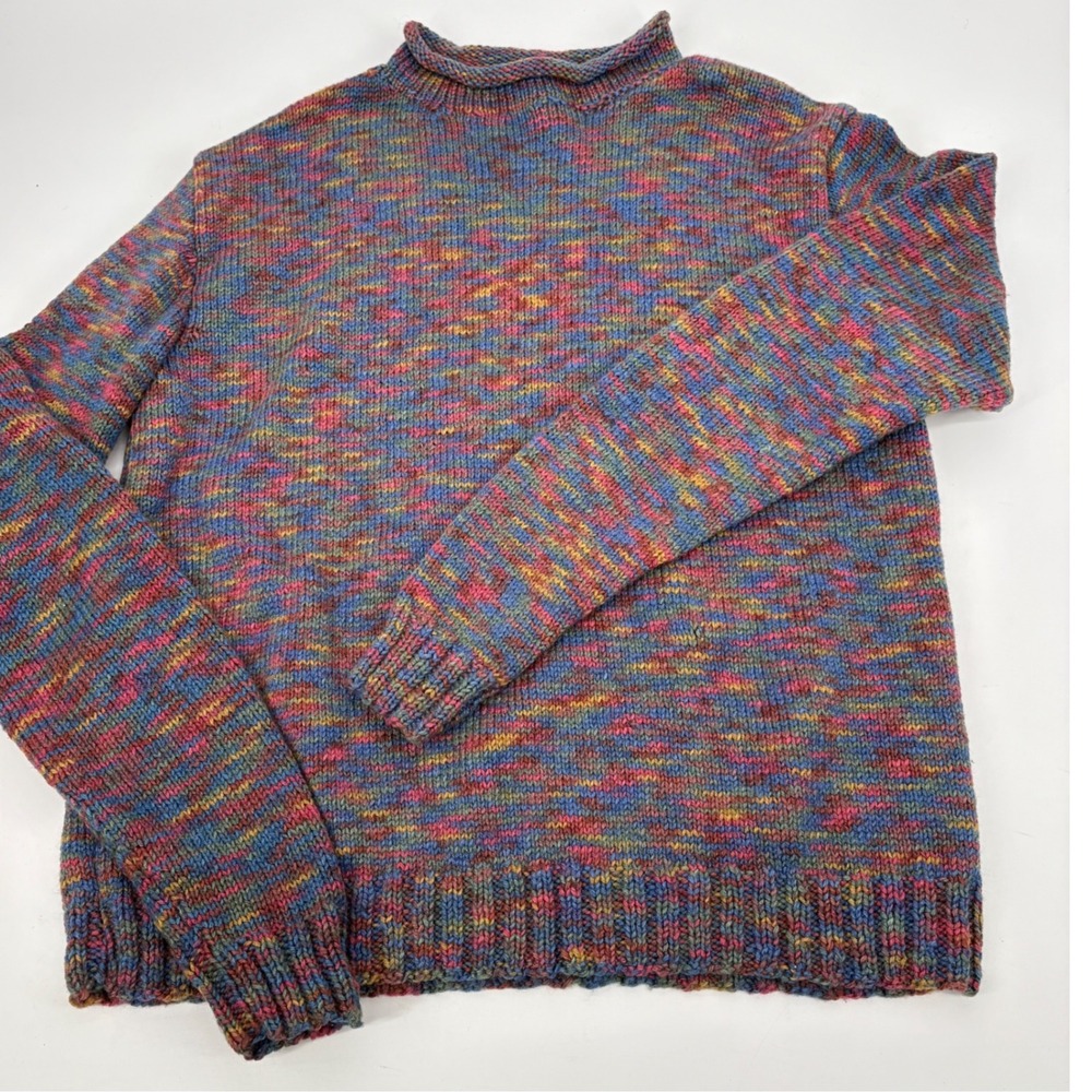 Handknit Unisex Mock Neck Chunky Sweater Pullover Multi Fleck  XXL